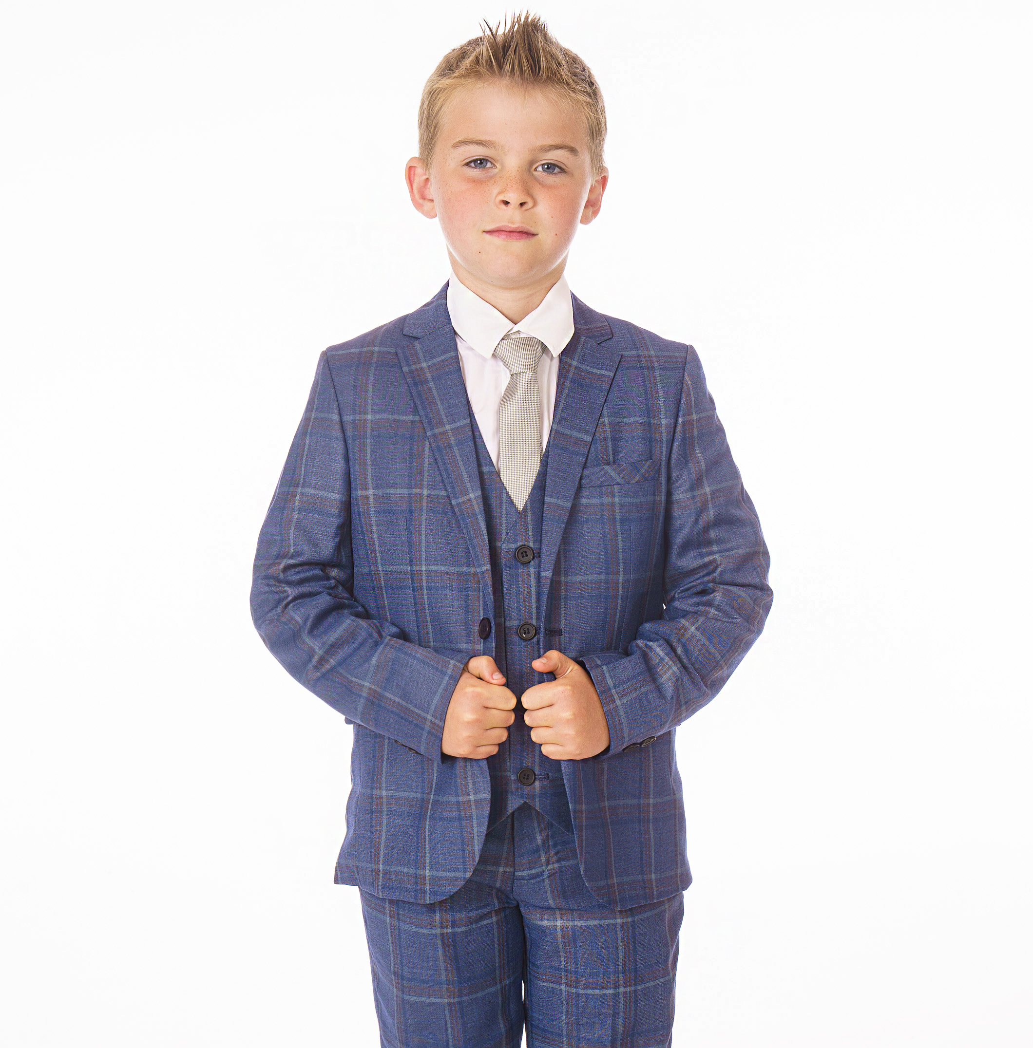 Boys 5 Piece Navy/White Check Suit 1